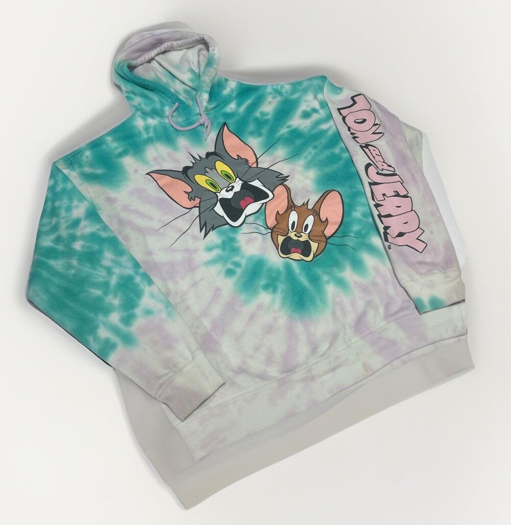 Tom and Jerry Teal Purple Tie Dye Pullover Hoodie Women's Size Medium Stains